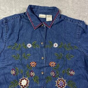 Bobbie Brooks Denim Embroidered Floral Shirt Top Button Up Long Sleeve Women's L